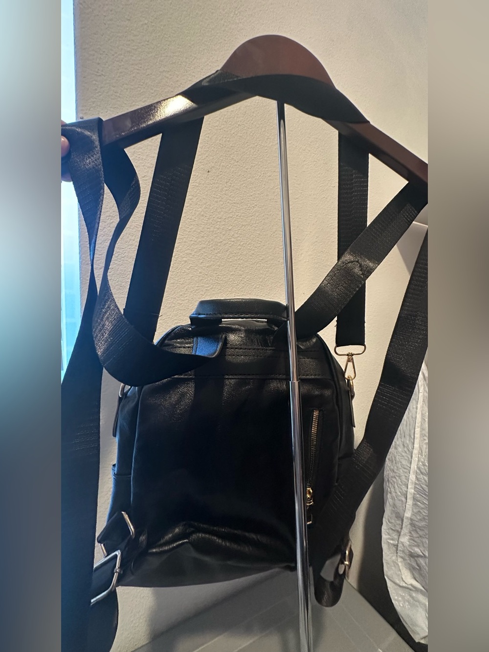 Black Leatherette Mini Backpack with Gold Accent - Picture 2 of 4